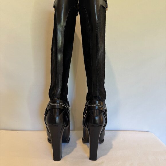 RALPH LAUREN BLACK LEATHER & PONY STACKED HEEL BOOT SIZE: 8-1/2B - Picture 6 of 13